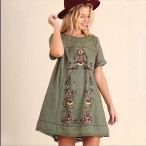 Umgee Olive Green Floral Embroidered‎ Mini Dress Lined Crochet Details size L
